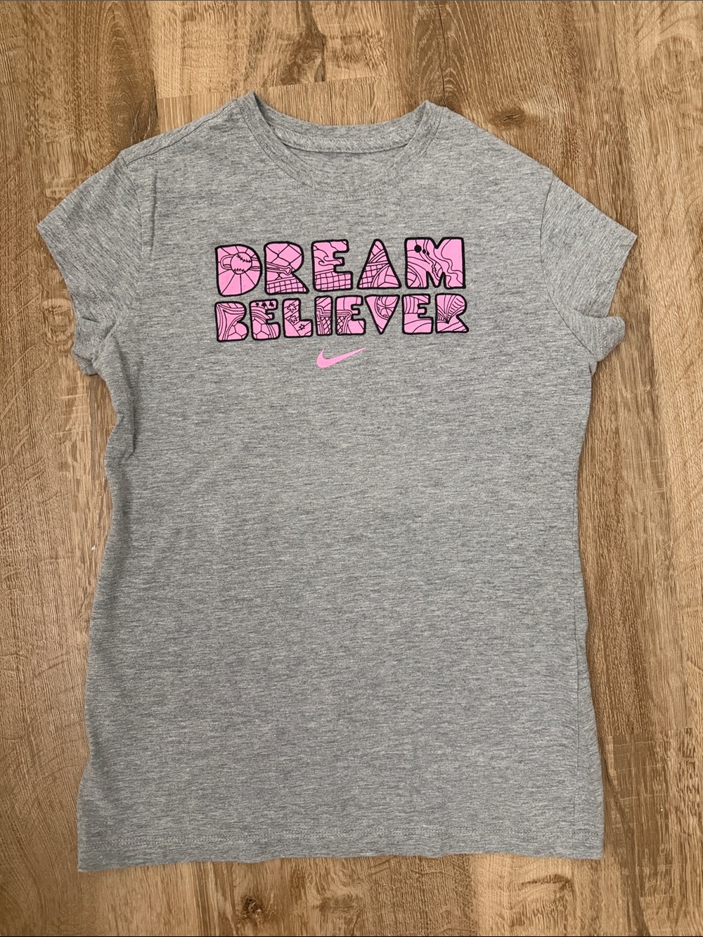 Kids Nike Gray Tee with Pink "Dream Believer" Graphic